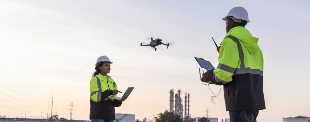 Two construction workers in high-visibility jackets and helmets operating a drone with a laptop and a tablet, conducting a survey at a construction site during sunset.